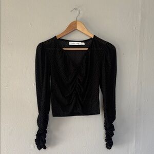NWOT Bishop & Young Black Sheer Ruched Sleeve V neck Blouse small